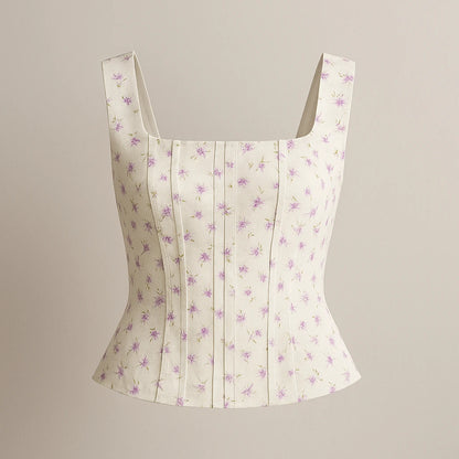 Isolated product image of Beige Floral Square Neck Tank Top Sleeveless Chic Summer on simple background
