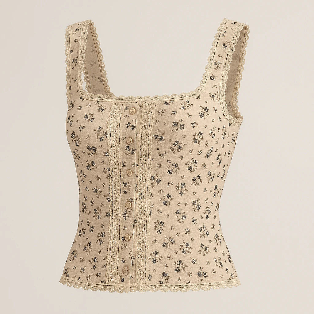 Isolated product image of Beige Floral Square Neck Tank Top Sleeveless Chic Summer, three-quarter angle view