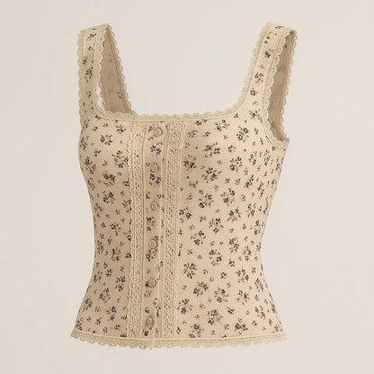 Isolated product image of Beige Floral Square Neck Tank Top Sleeveless Chic Summer, three-quarter angle view