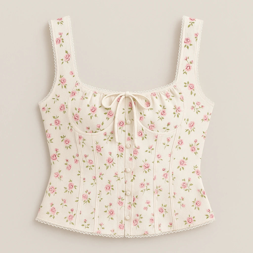 Isolated product image of Beige Floral Square Neck Tank Top Sleeveless Chic Summer, front view
