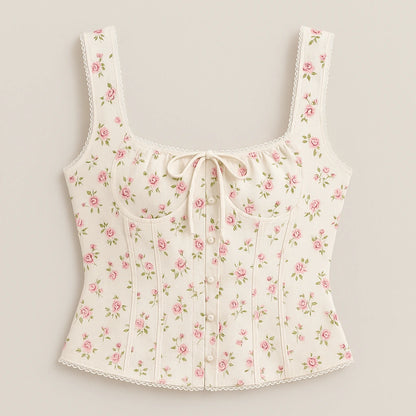 Isolated product image of Beige Floral Square Neck Tank Top Sleeveless Chic Summer, front view