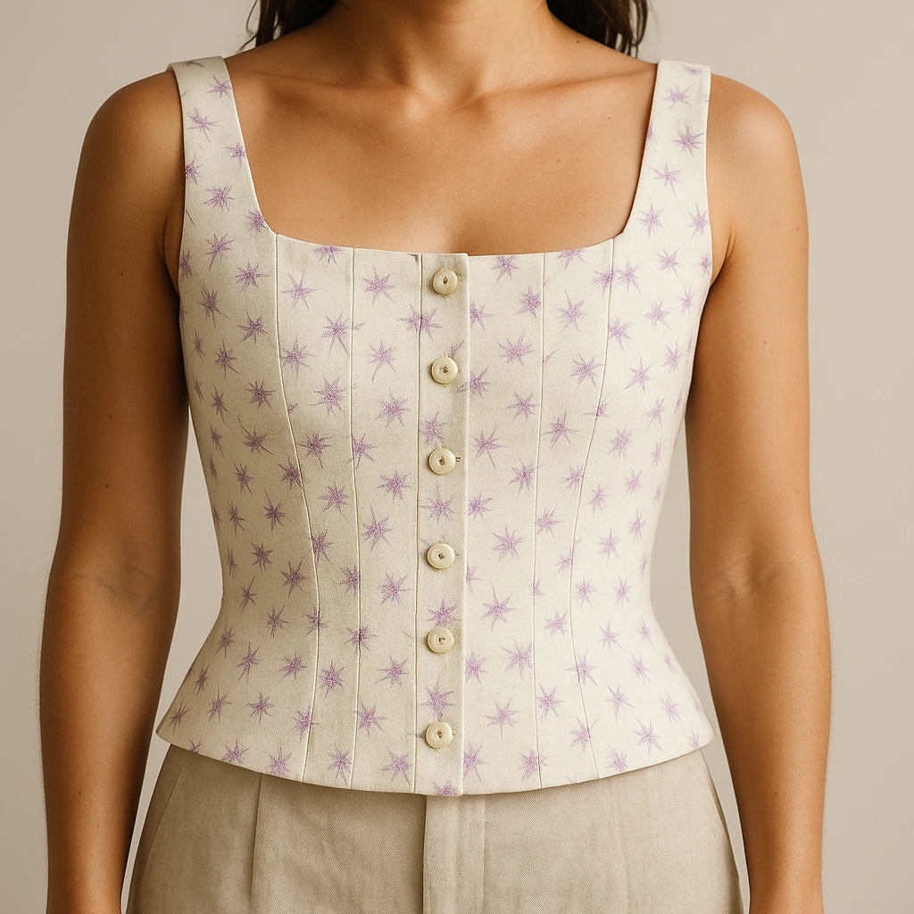 Model wearing Beige Floral Square Neck Tank Top Sleeveless Chic Summer with close focus on the product