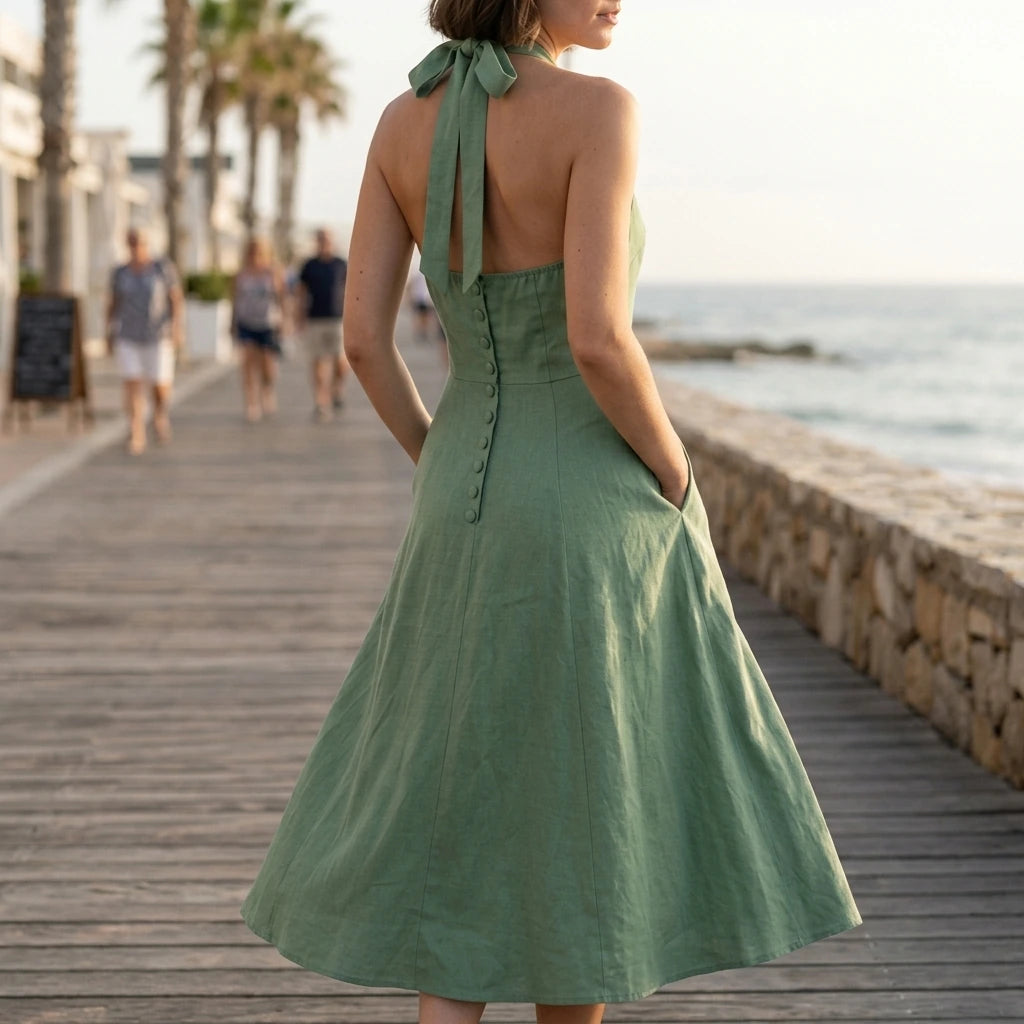 Green Halter Sheath Midi Dress for Women, Sleeveless Beach Vacation A-Line, Natural Waist with Pockets, Summer Spring Polyester — lifestyle