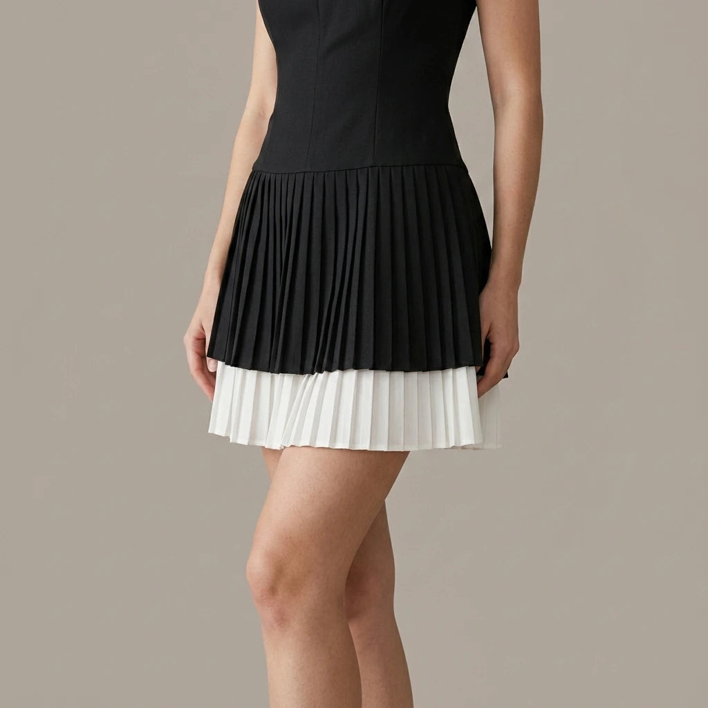 Model wearing Black Contrasting A-Line Slip Mini Dress with close focus on the product