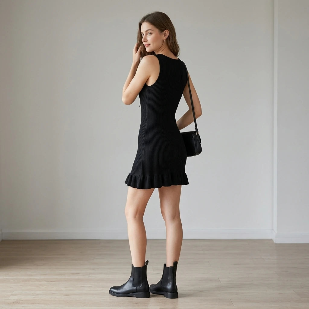 Second natural lifestyle image of a model wearing black-contrasting-sweater-dress