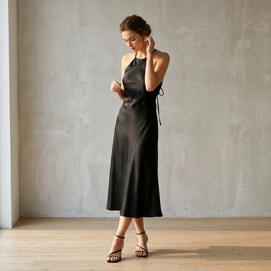 Natural lifestyle image of a model wearing Black Halter Tie Satin Midi Dress