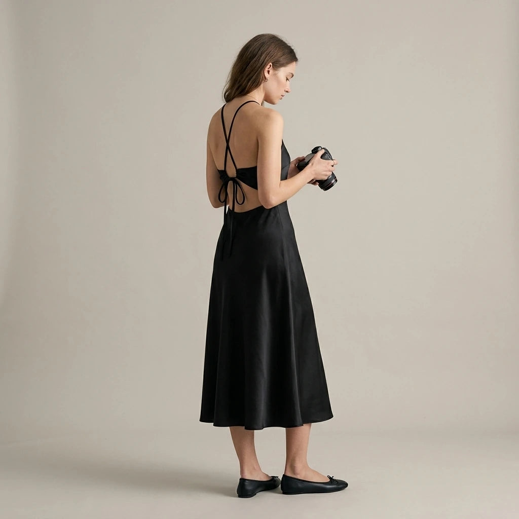 Third natural lifestyle image of a model wearing Black Halter Tie Satin Midi Dress