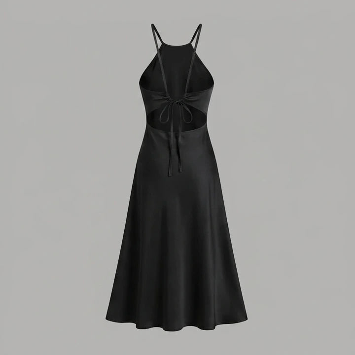 Back product-only image of Black Halter Tie Satin Midi Dress