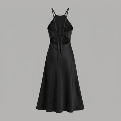 Back product-only image of Black Halter Tie Satin Midi Dress