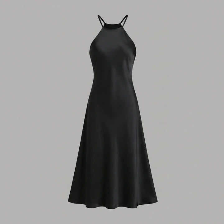 Front product-only image of Black Halter Tie Satin Midi Dress