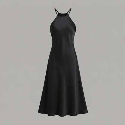Front product-only image of Black Halter Tie Satin Midi Dress