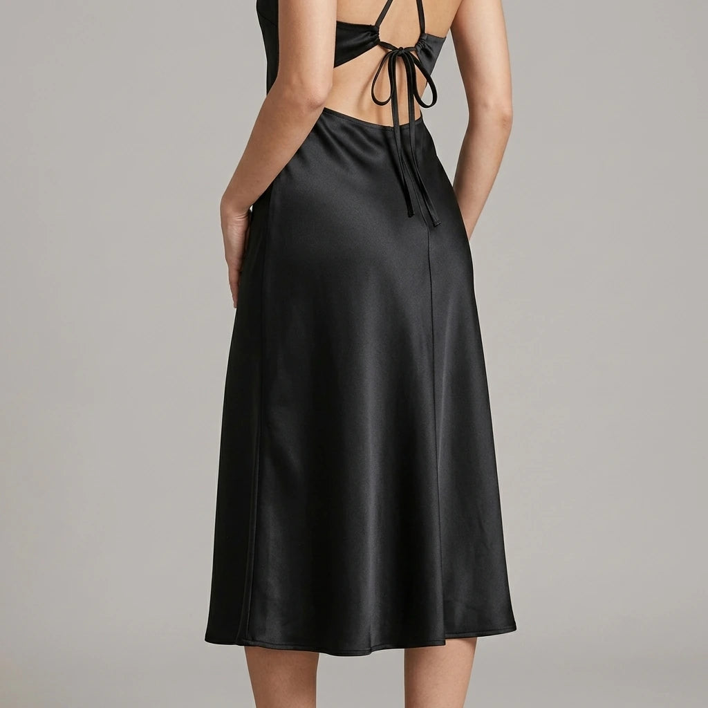 Model wearing Black Halter Tie Satin Midi Dress with close focus on the product