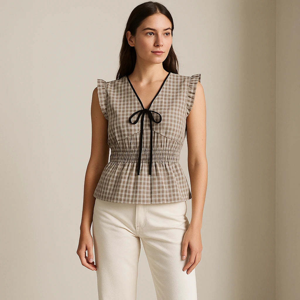 Second natural lifestyle image of a model wearing Black Pleated Ruched Tank Top Shirred Ruffle Plaid V Neck Sleeveless Textured Workwear Summer