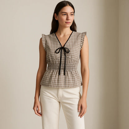 Second natural lifestyle image of a model wearing Black Pleated Ruched Tank Top Shirred Ruffle Plaid V Neck Sleeveless Textured Workwear Summer