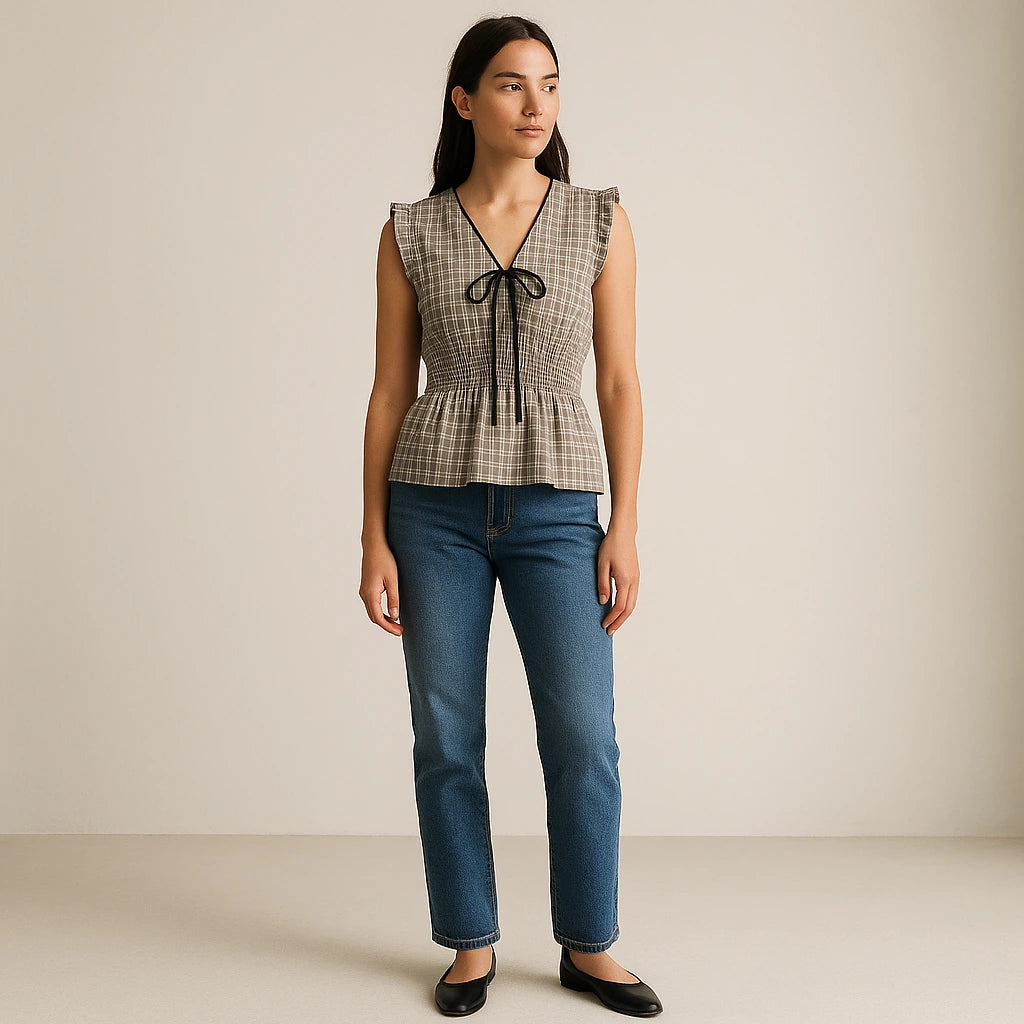Third natural lifestyle image of a model wearing Black Pleated Ruched Tank Top Shirred Ruffle Plaid V Neck Sleeveless Textured Workwear Summer