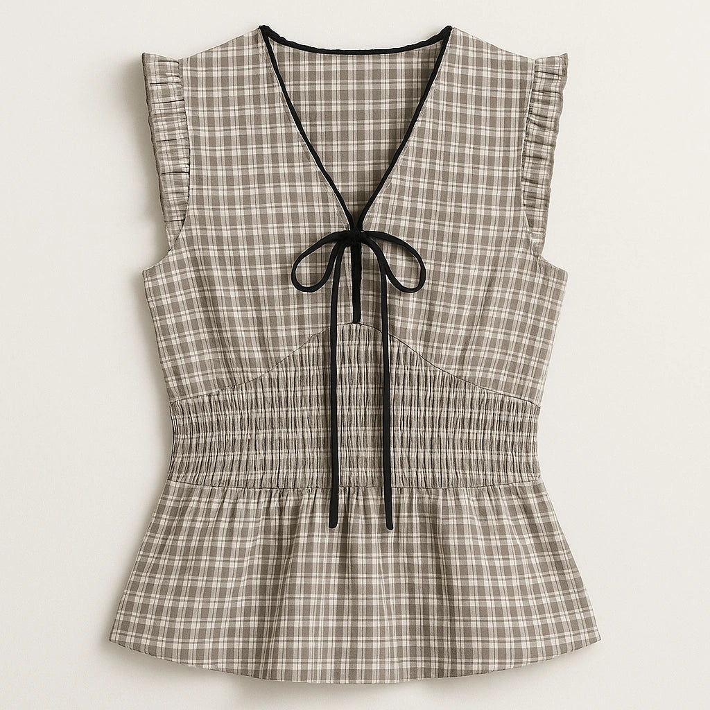 Isolated product image of Black Pleated Ruched Tank Top Shirred Ruffle Plaid V Neck Sleeveless Textured Workwear Summer on simple background