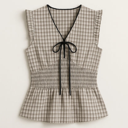 Isolated product image of Black Pleated Ruched Tank Top Shirred Ruffle Plaid V Neck Sleeveless Textured Workwear Summer on simple background