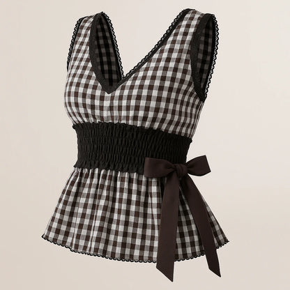 Isolated product image of Black Pleated Ruched Tank Top Shirred Ruffle Plaid V Neck Sleeveless Textured Workwear Summer, three-quarter angle view