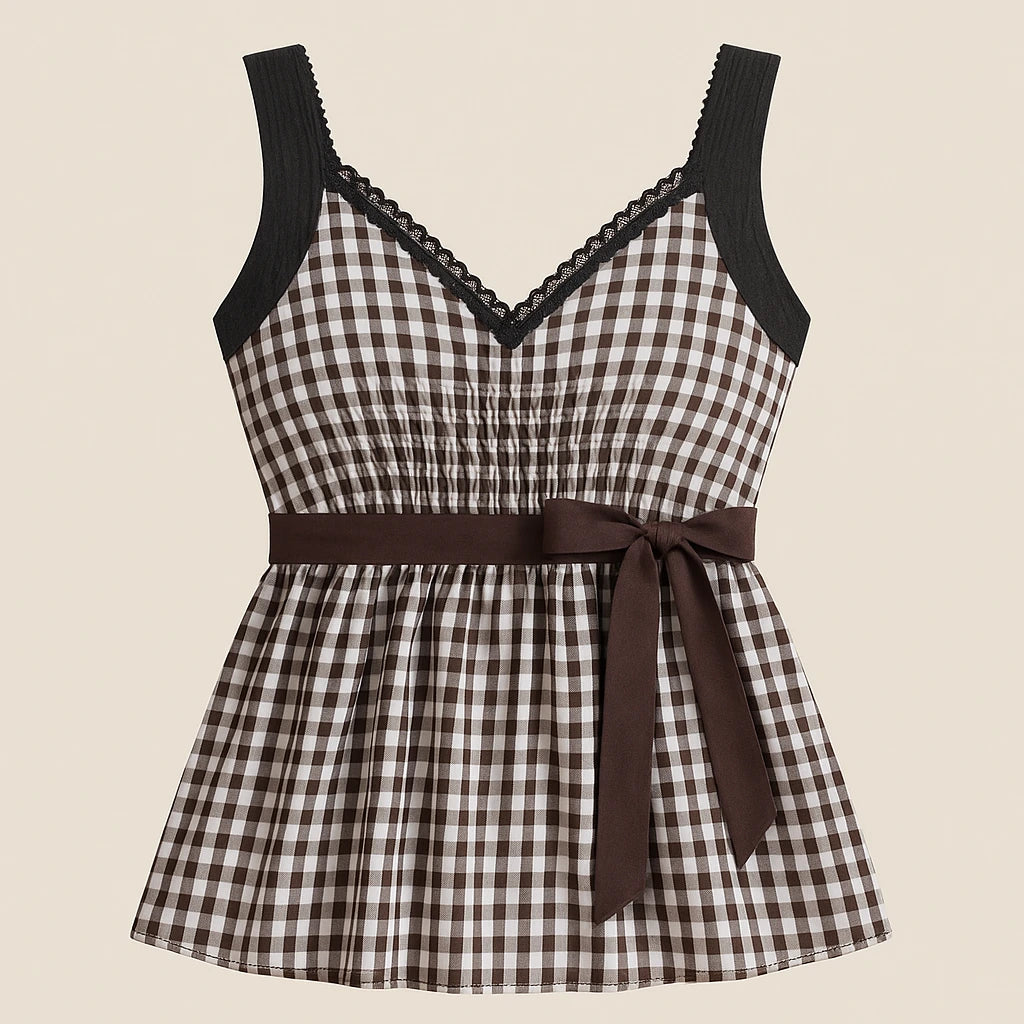 Isolated product image of Black Pleated Ruched Tank Top Shirred Ruffle Plaid V Neck Sleeveless Textured Workwear Summer, front view