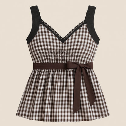 Isolated product image of Black Pleated Ruched Tank Top Shirred Ruffle Plaid V Neck Sleeveless Textured Workwear Summer, front view