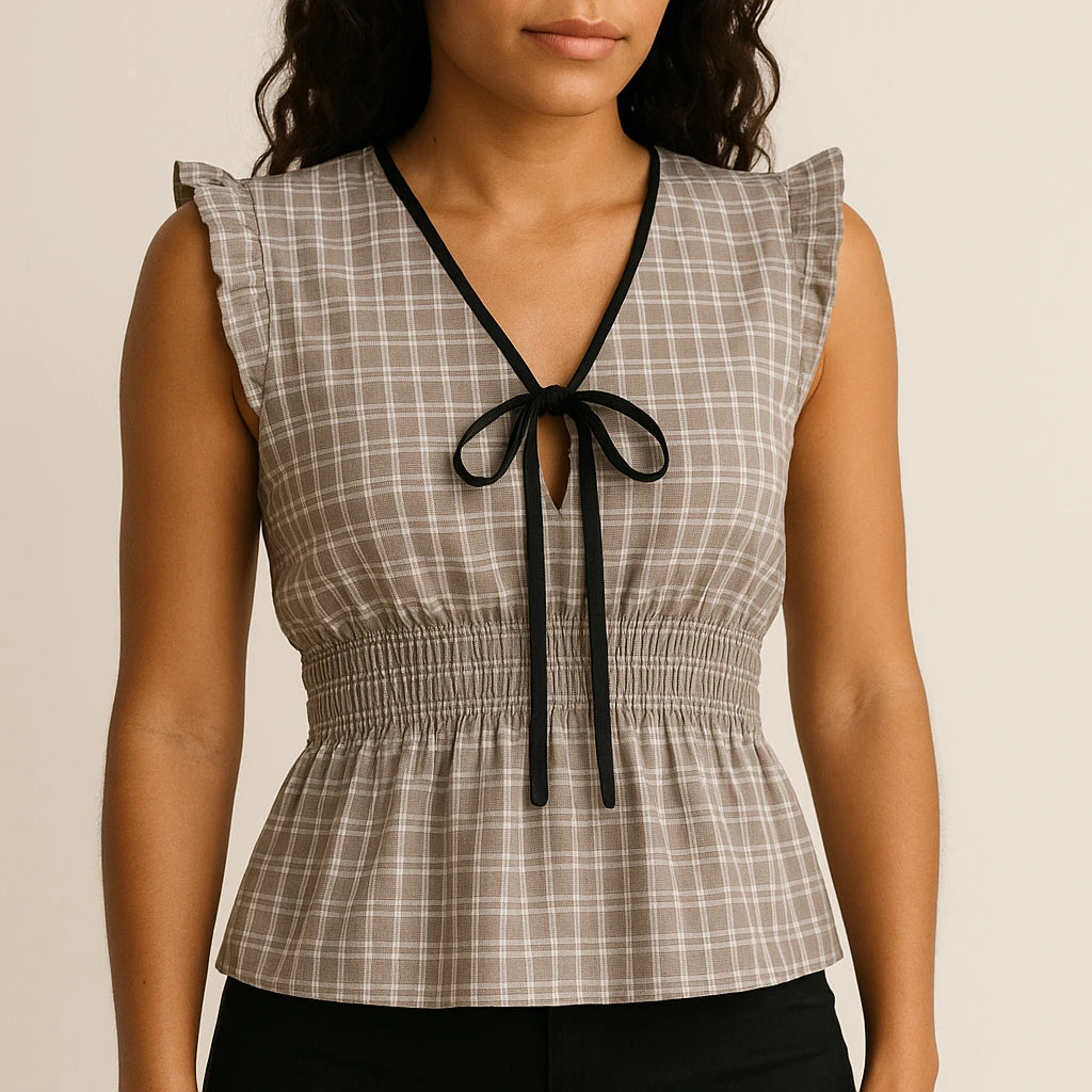 Model wearing Black Pleated Ruched Tank Top Shirred Ruffle Plaid V Neck Sleeveless Textured Workwear Summer with close focus on the product