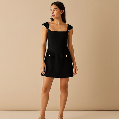 Second natural lifestyle image of a model wearing Black Skater Splicing Mini Dress Backless Square Neck Short Sleeve Polyester Occasion Summer