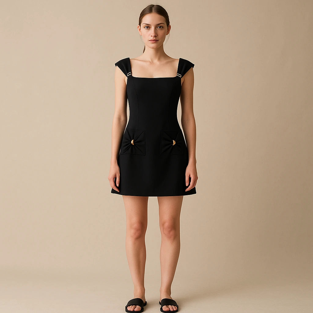 Third natural lifestyle image of a model wearing Black Skater Splicing Mini Dress Backless Square Neck Short Sleeve Polyester Occasion Summer