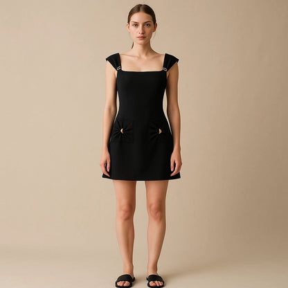 Third natural lifestyle image of a model wearing Black Skater Splicing Mini Dress Backless Square Neck Short Sleeve Polyester Occasion Summer