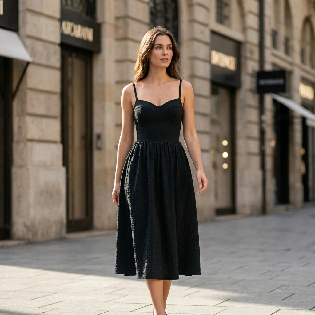 Natural lifestyle image of a model wearing Black Sweetheart Neck Slip Midi Dress