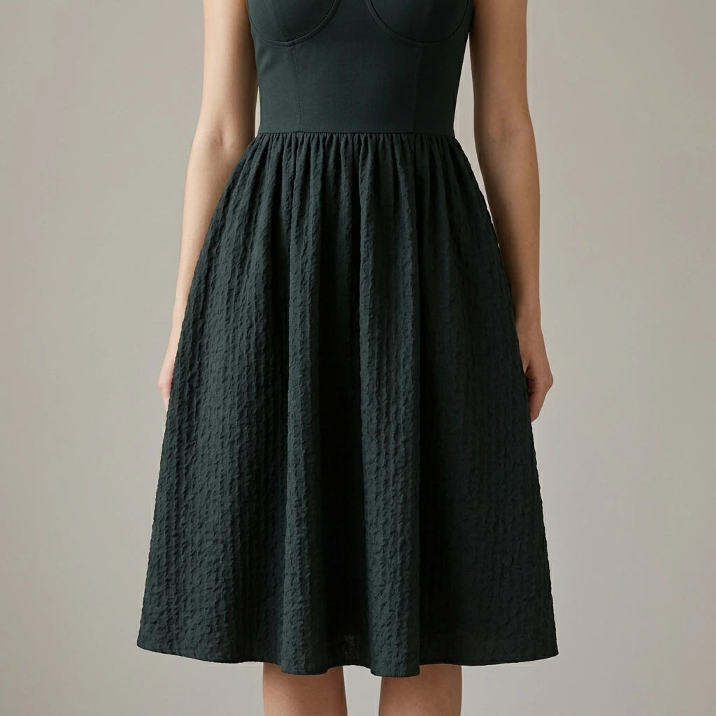 Model wearing Black Sweetheart Neck Slip Midi Dress with close focus on the product
