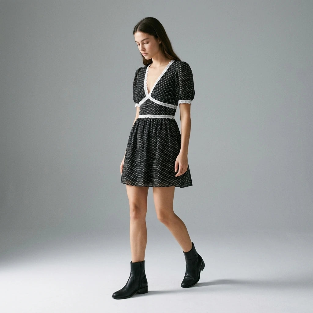 Third natural lifestyle image of a model wearing black-v-neck-lace-floral-mini-dress