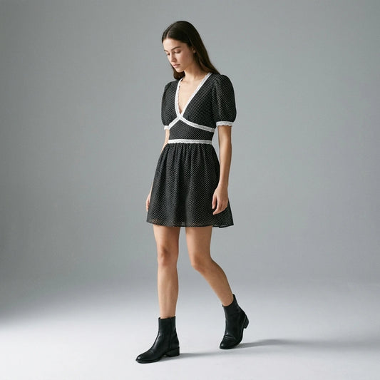 Third natural lifestyle image of a model wearing black-v-neck-lace-floral-mini-dress