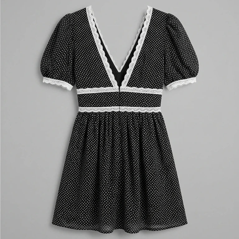 Back product-only image of black-v-neck-lace-floral-mini-dress