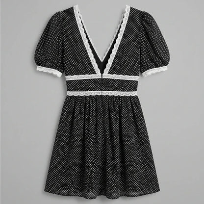 Back product-only image of black-v-neck-lace-floral-mini-dress