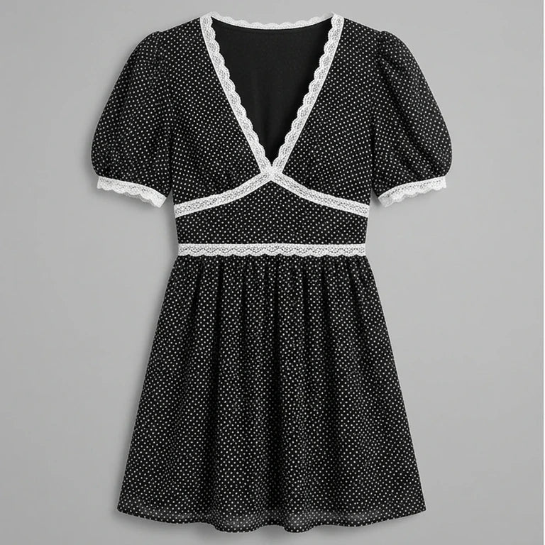 Front product-only image of black-v-neck-lace-floral-mini-dress