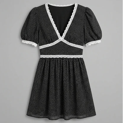 Front product-only image of black-v-neck-lace-floral-mini-dress