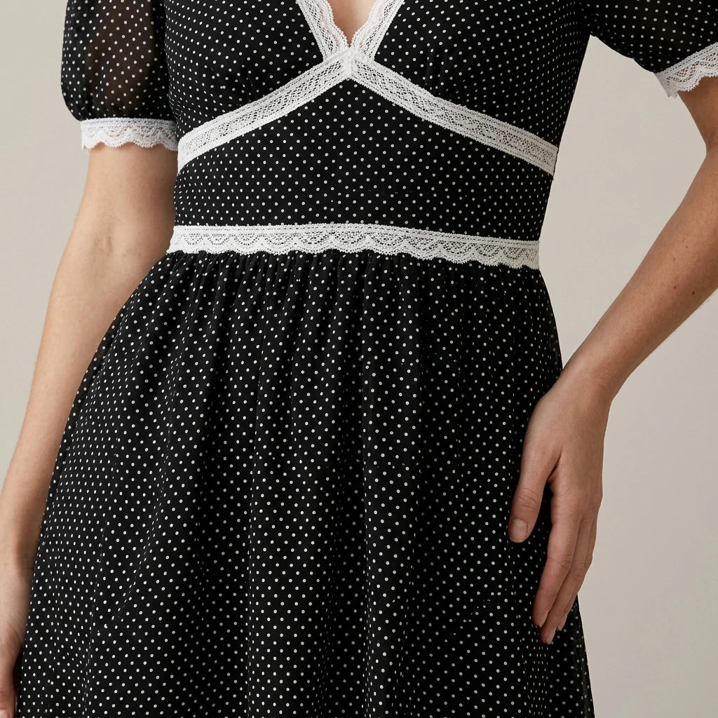 Model wearing black-v-neck-lace-floral-mini-dress with close focus on the product