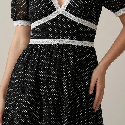 Model wearing black-v-neck-lace-floral-mini-dress with close focus on the product