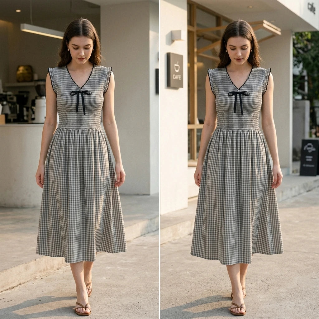Natural lifestyle image of a model wearing black-v-neck-plaid-midi-dress