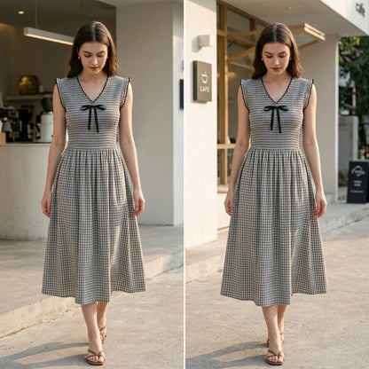 Natural lifestyle image of a model wearing black-v-neck-plaid-midi-dress