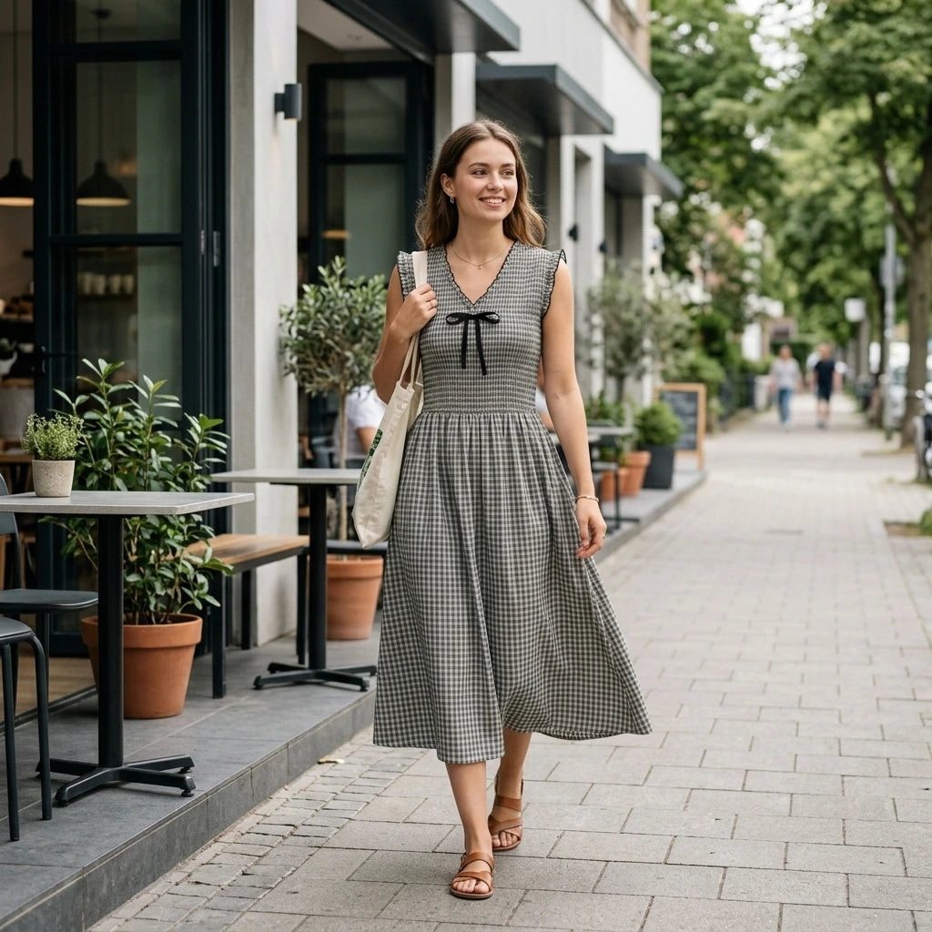 Third natural lifestyle image of a model wearing black-v-neck-plaid-midi-dress