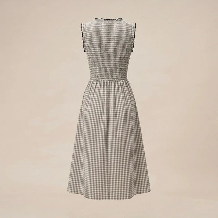 Back product-only image of black-v-neck-plaid-midi-dress