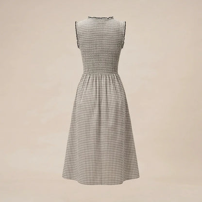 Back product-only image of black-v-neck-plaid-midi-dress