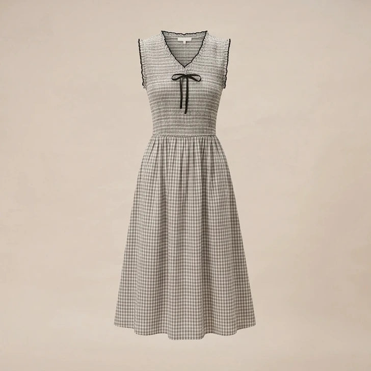 Front product-only image of black-v-neck-plaid-midi-dress