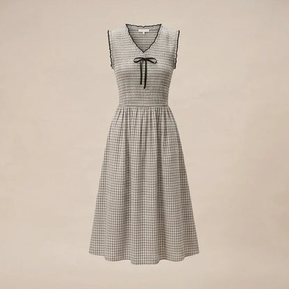 Front product-only image of black-v-neck-plaid-midi-dress