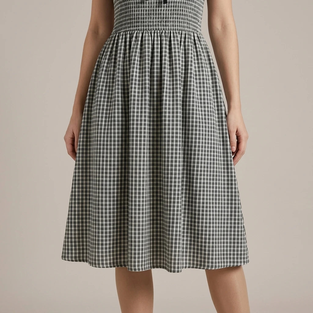 Model wearing black-v-neck-plaid-midi-dress with close focus on the product