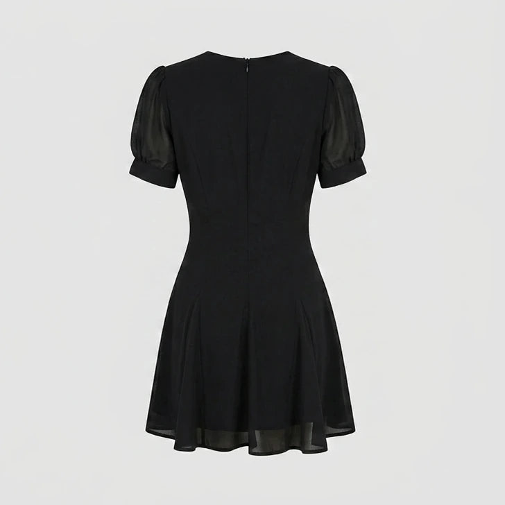 Back product-only image of black-v-neck-puffed-sleeve-mini-dress