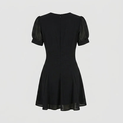 Back product-only image of black-v-neck-puffed-sleeve-mini-dress