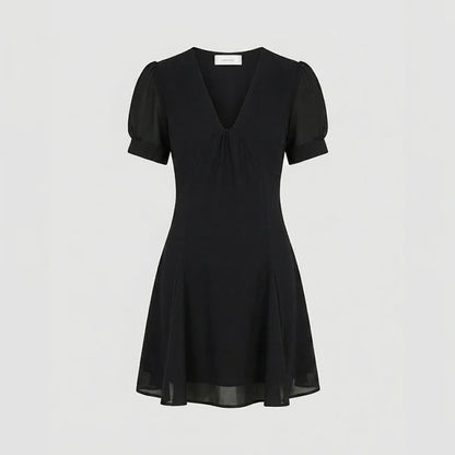 Front product-only image of black-v-neck-puffed-sleeve-mini-dress