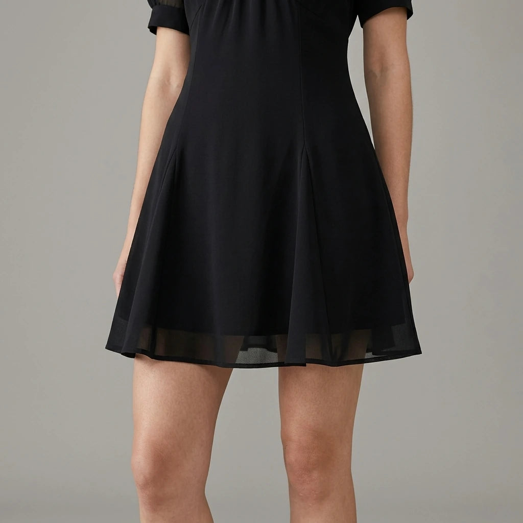 Model wearing black-v-neck-puffed-sleeve-mini-dress with close focus on the product
